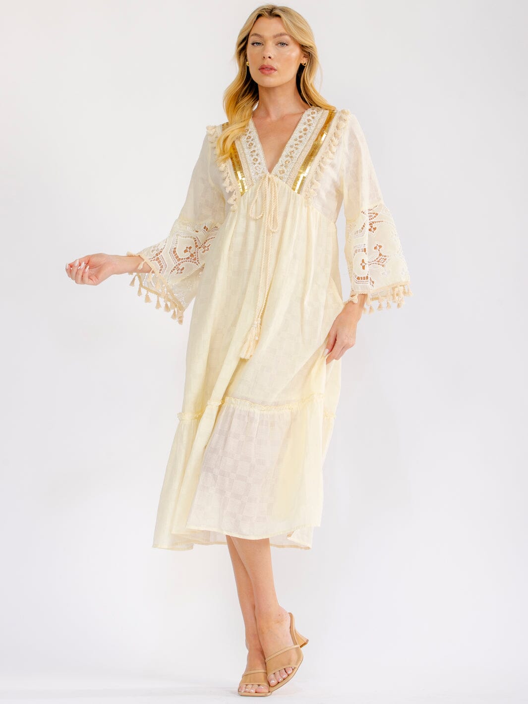 WOMEN'S 3/4 BELL SLEEVE V-NECK CROCHET SEQUINS MIDI DRESS