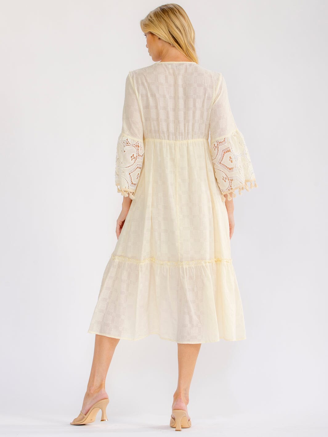 WOMEN'S 3/4 BELL SLEEVE V-NECK CROCHET SEQUINS MIDI DRESS