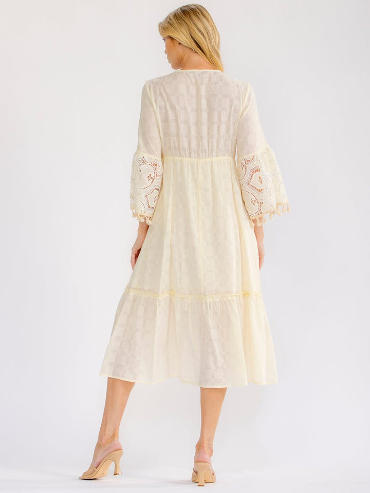 WOMEN'S 3/4 BELL SLEEVE V-NECK CROCHET SEQUINS MIDI DRESS