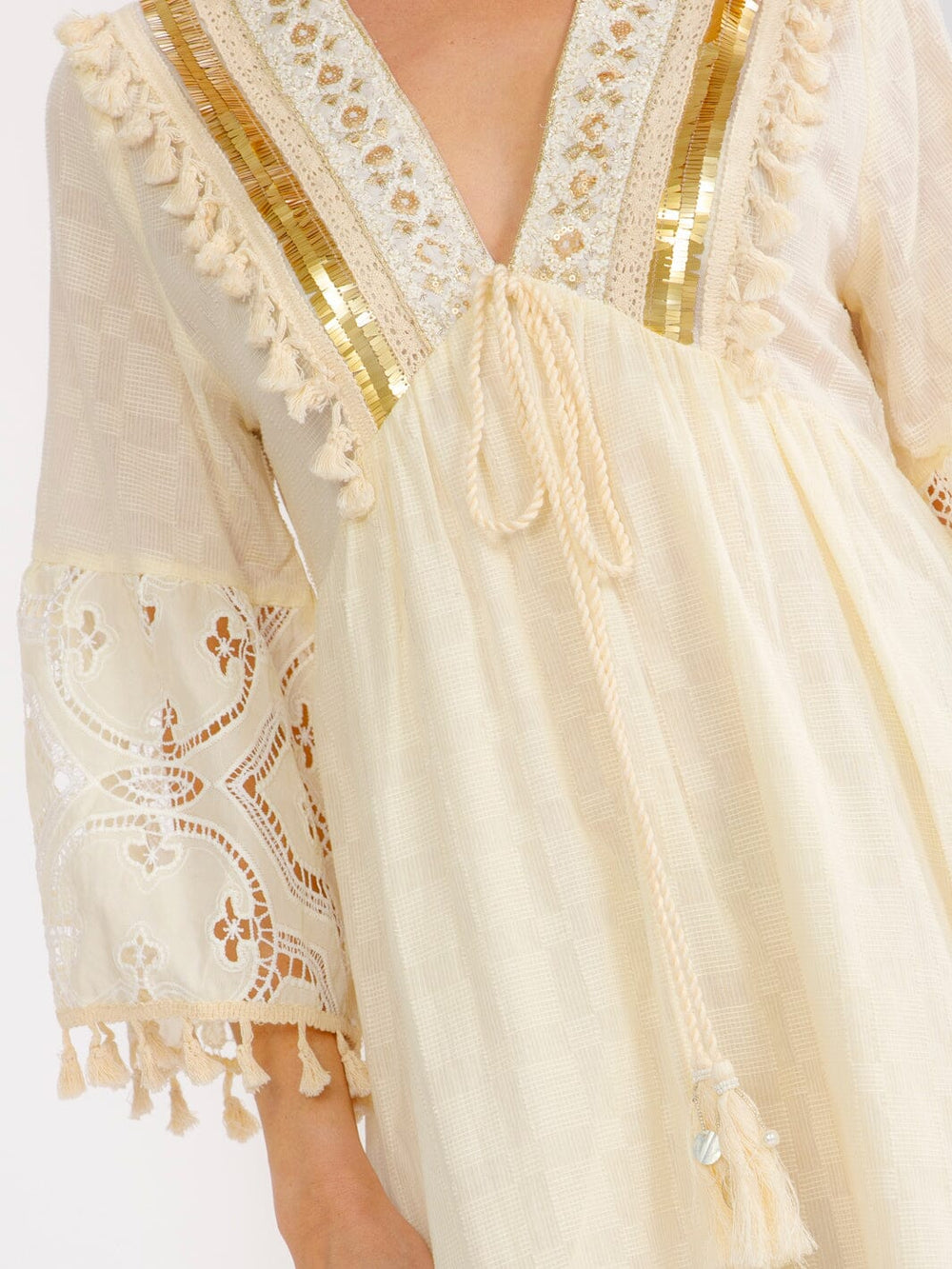 WOMEN'S 3/4 BELL SLEEVE V-NECK CROCHET SEQUINS MIDI DRESS