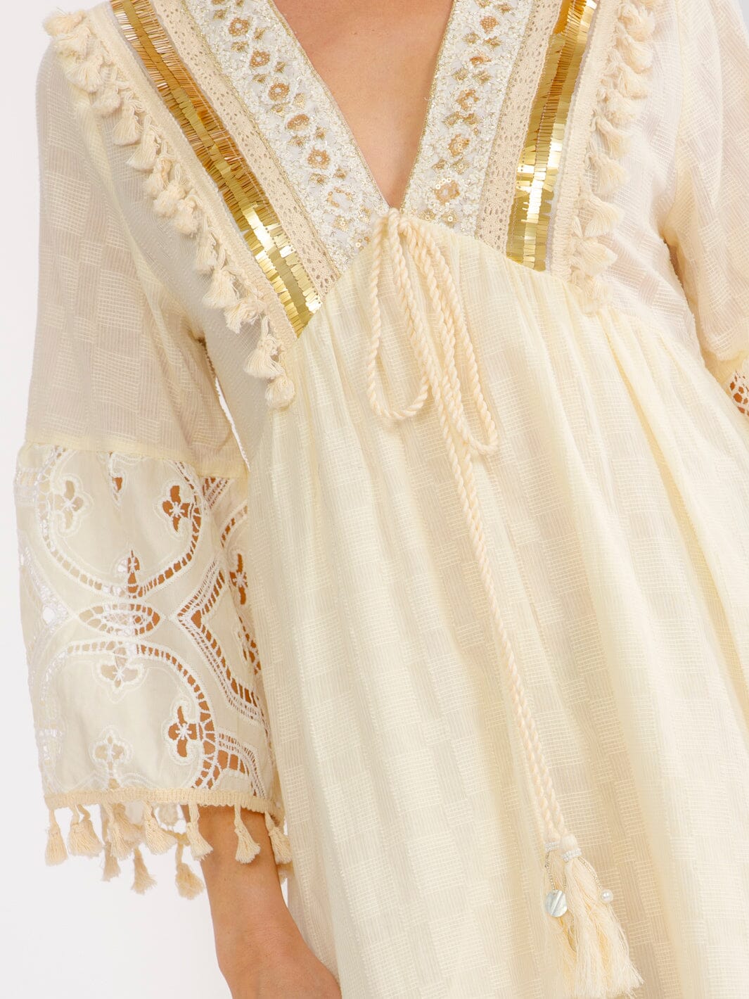WOMEN'S 3/4 BELL SLEEVE V-NECK CROCHET SEQUINS MIDI DRESS