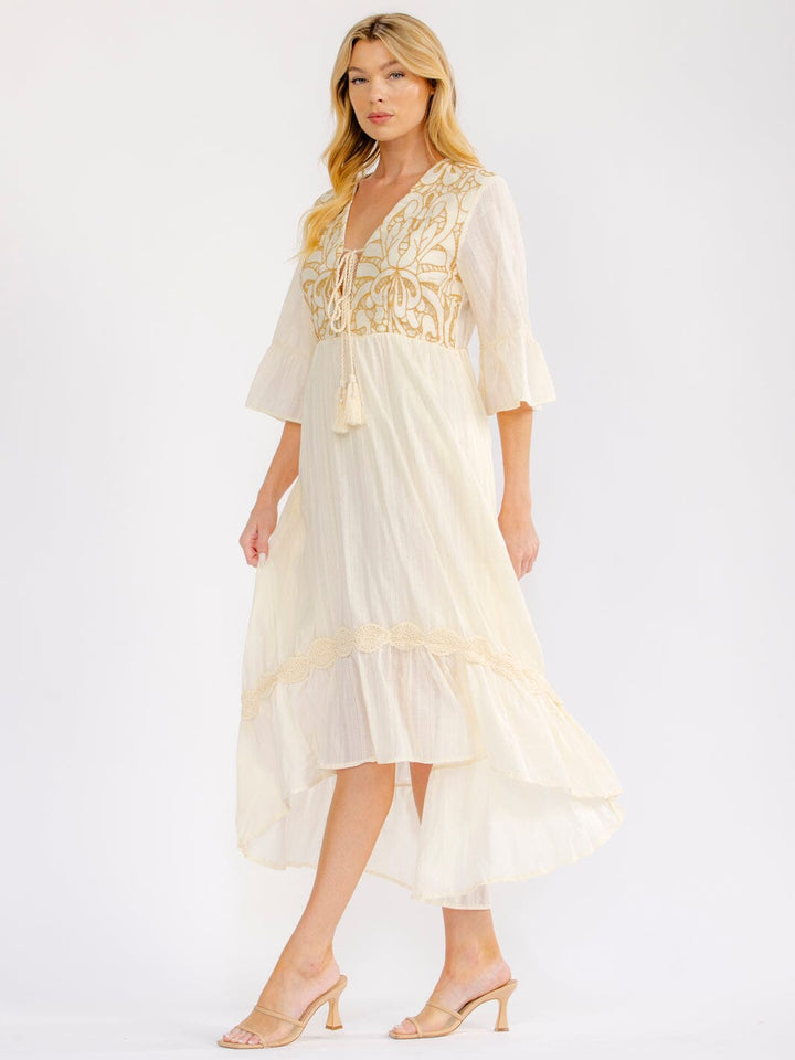WOMEN'S SHORT SLEEVE V-NECK HIGH-LOW CROCHET MAXI DRESS