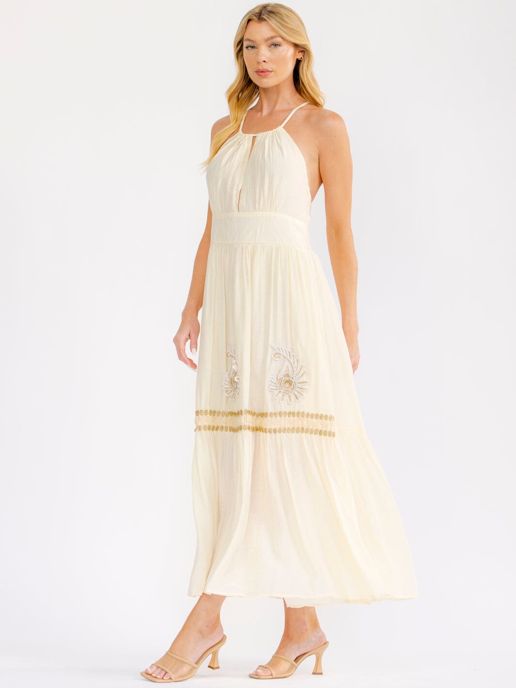 WOMEN'S SLEEVELESS V-NECK OPEN BACK SMOCK SHIMMER STITCHED MAXI DRESS
