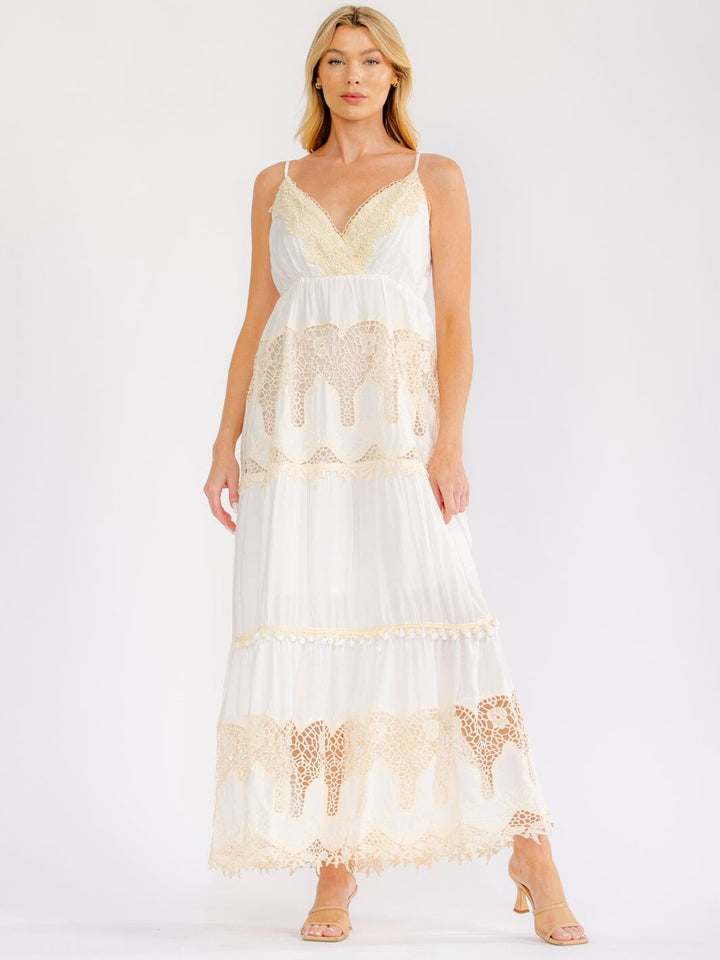 WOMEN'S SLEEVELESS ELASTIC WAIST SURPLICE TIERED CROCHET MAXI DRESS