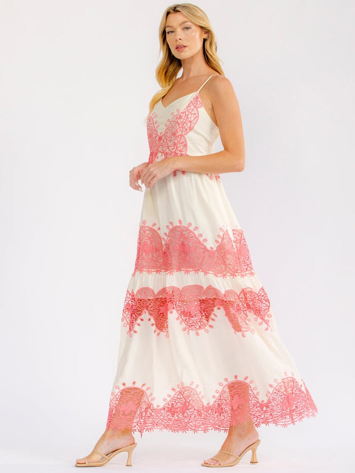 WOMEN'S SLEEVELESS SMOCK TIERED CROCHET MAXI DRESS