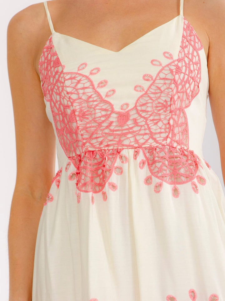 WOMEN'S SLEEVELESS SMOCK TIERED CROCHET MAXI DRESS