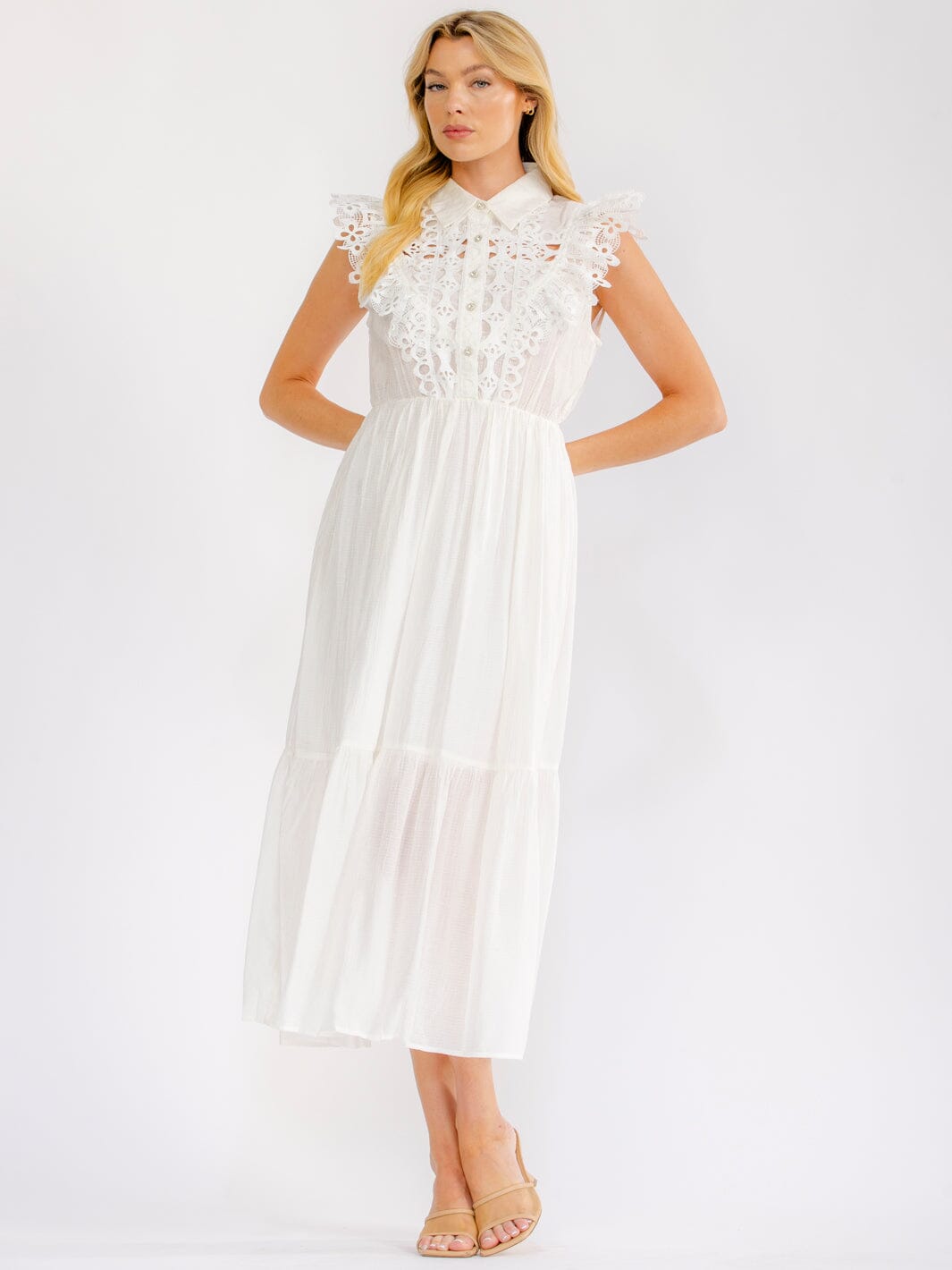 WOMEN'S SLEEVELESS BUTTON UP ELASTIC WAIST TIERED CROCHET MAXI DRESS
