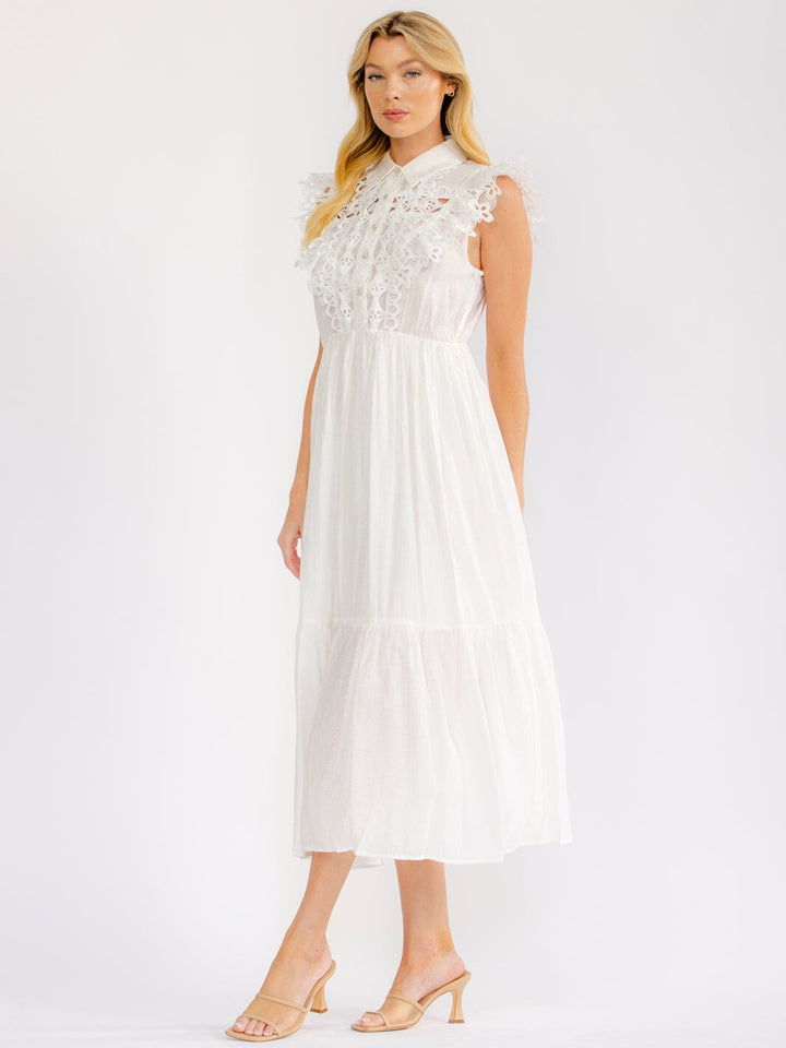 WOMEN'S SLEEVELESS BUTTON UP ELASTIC WAIST TIERED CROCHET MAXI DRESS