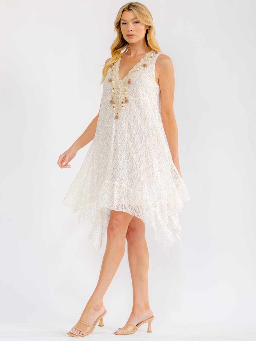 WOMEN'S SLEEVELESS V-NECK HIGH-LOW CROCHET LACE MINI DRESS