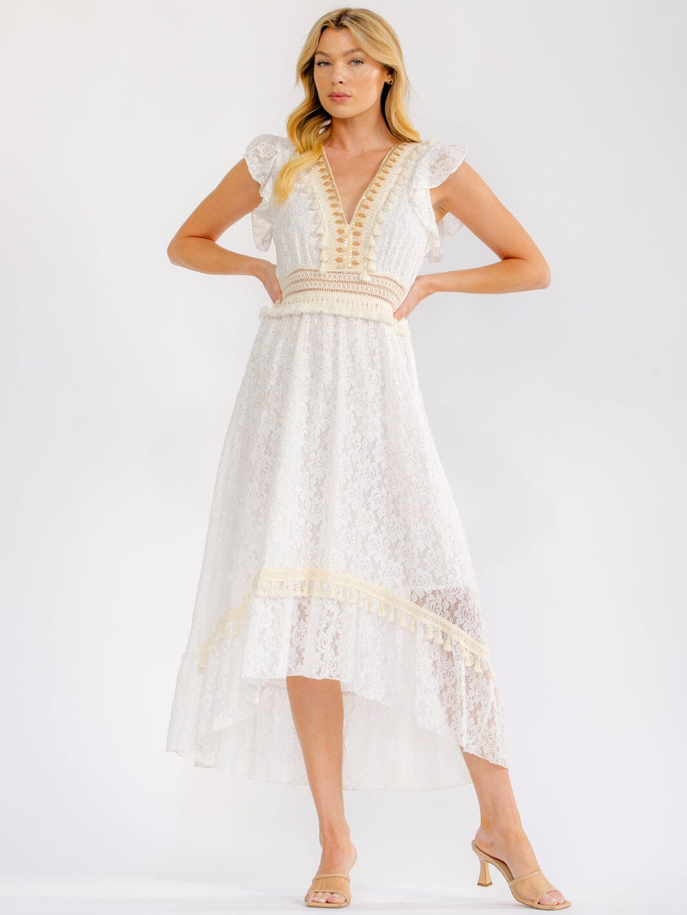WOMEN'S RUFFLE SLEEVE V-NECK HIGH-LOW CROCHET LACE MAXI DRESS