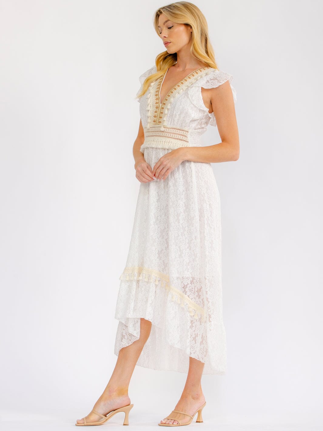 WOMEN'S RUFFLE SLEEVE V-NECK HIGH-LOW CROCHET LACE MAXI DRESS