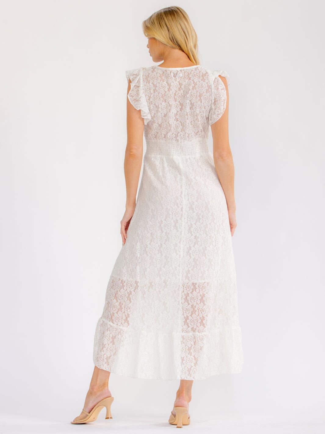 WOMEN'S RUFFLE SLEEVE V-NECK HIGH-LOW CROCHET LACE MAXI DRESS
