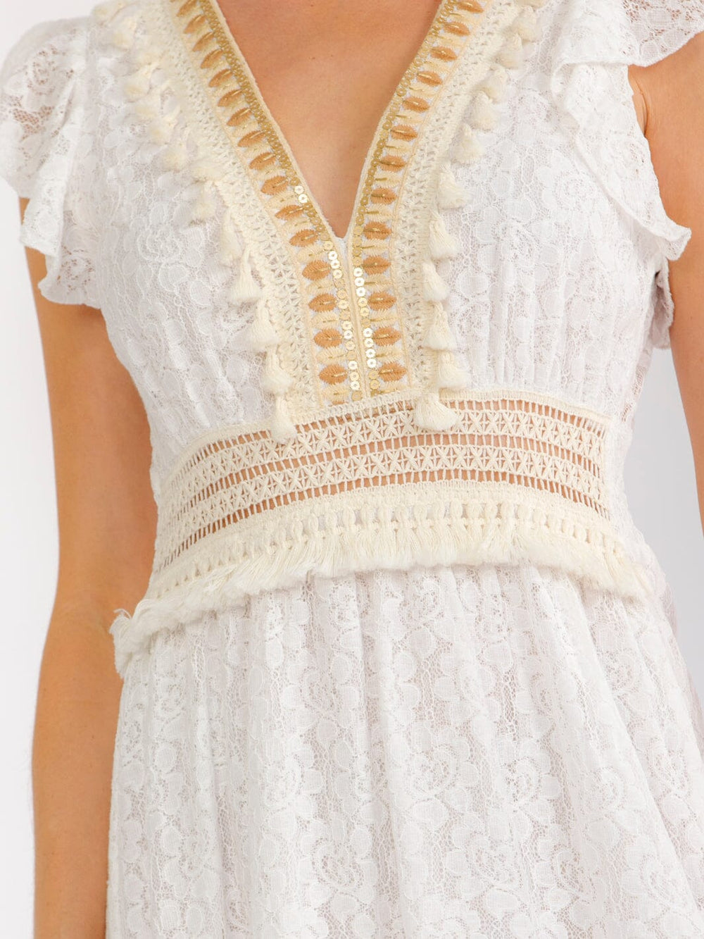 WOMEN'S RUFFLE SLEEVE V-NECK HIGH-LOW CROCHET LACE MAXI DRESS