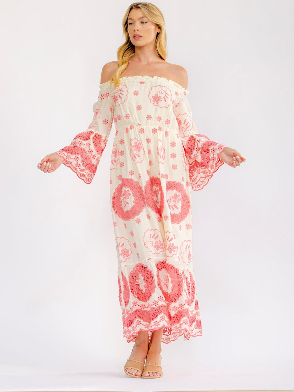 WOMEN'S OFF SHOULDER BELL SLEEVE ELASTIC WAIST CROCHET MAXI DRESS
