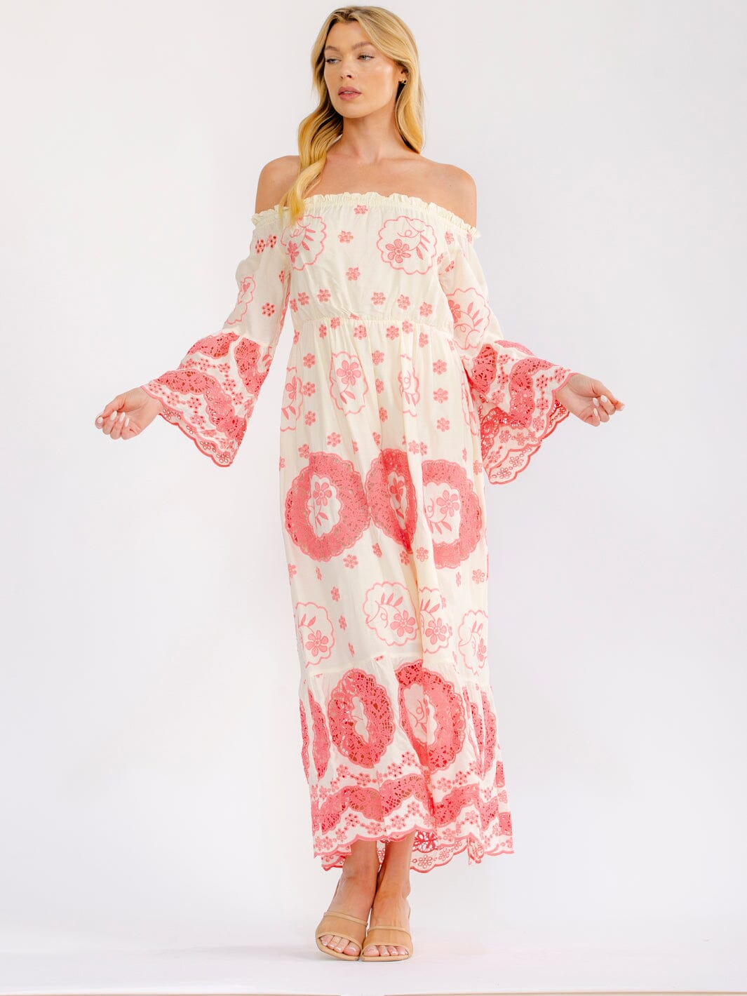 WOMEN'S OFF SHOULDER BELL SLEEVE ELASTIC WAIST CROCHET MAXI DRESS