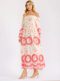 WOMEN'S OFF SHOULDER BELL SLEEVE ELASTIC WAIST CROCHET MAXI DRESS