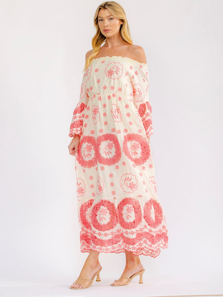 WOMEN'S OFF SHOULDER BELL SLEEVE ELASTIC WAIST CROCHET MAXI DRESS
