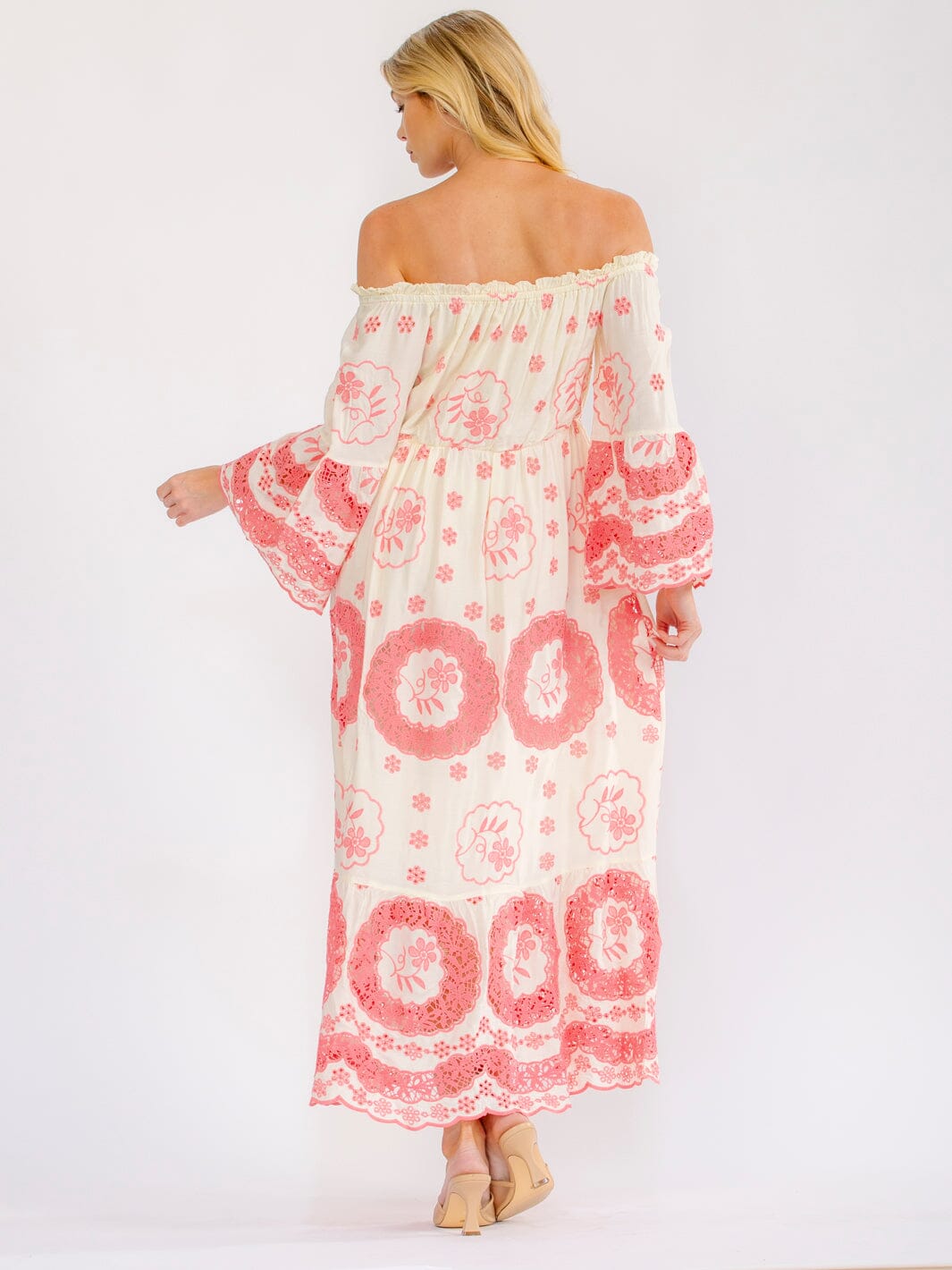 WOMEN'S OFF SHOULDER BELL SLEEVE ELASTIC WAIST CROCHET MAXI DRESS