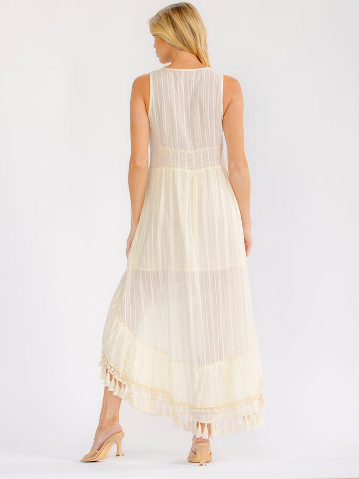WOMEN'S SLEEVELESS V-NECK ELASTIC WAIST HIGH-LOW TRIM DETAILED MAXI DRESS