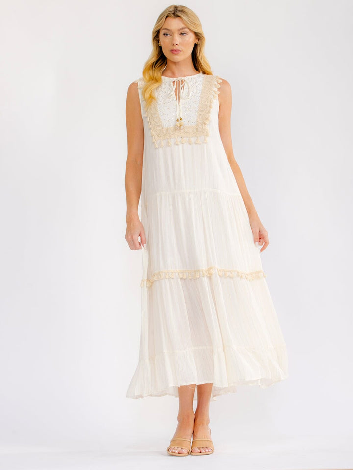 WOMEN'S SLEEVELESS V-NECK TIERED CROCHET SHIMMER MAXI DRESS