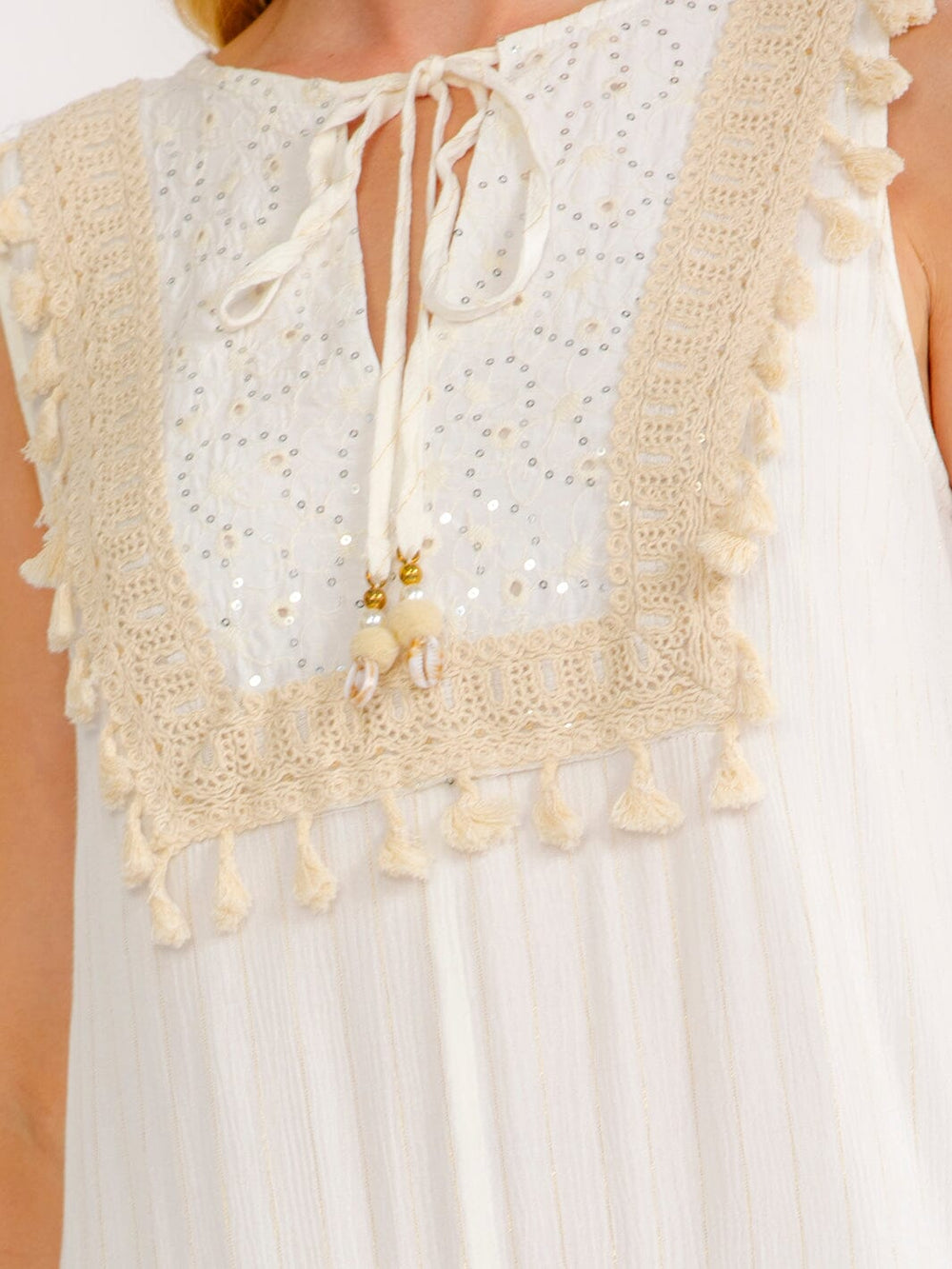 WOMEN'S SLEEVELESS V-NECK TIERED CROCHET SHIMMER MAXI DRESS