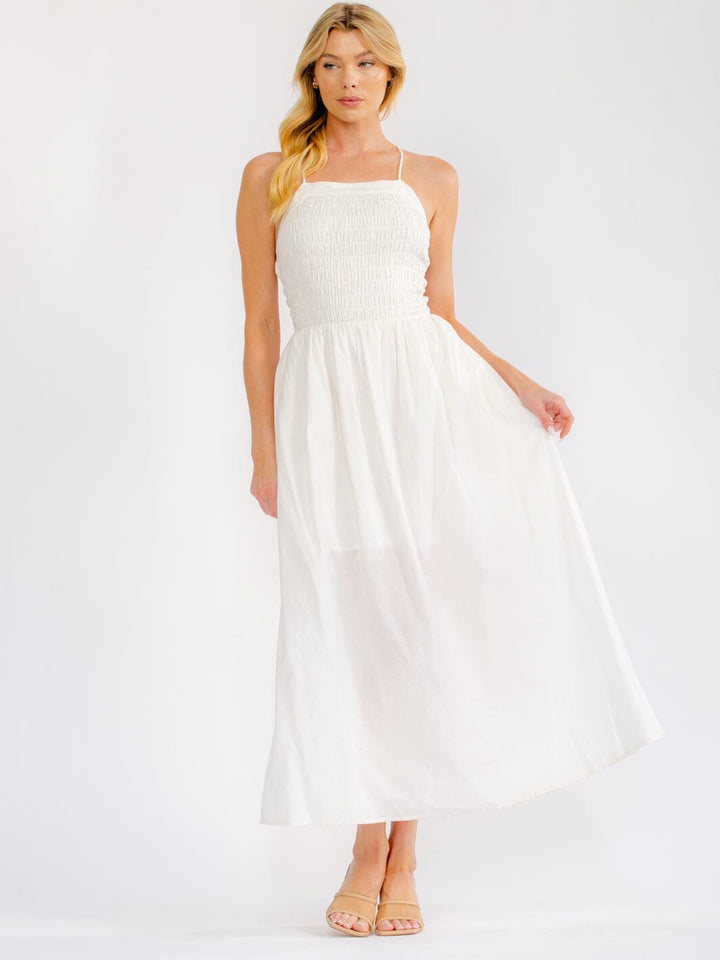 WOMEN'S SLEEVELESS OPEN BACK SMOCK FRONT POCKETS SIDE SLIT MAXI DRESS