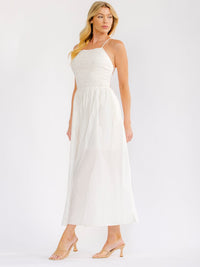 WOMEN'S SLEEVELESS OPEN BACK SMOCK FRONT POCKETS SIDE SLIT MAXI DRESS