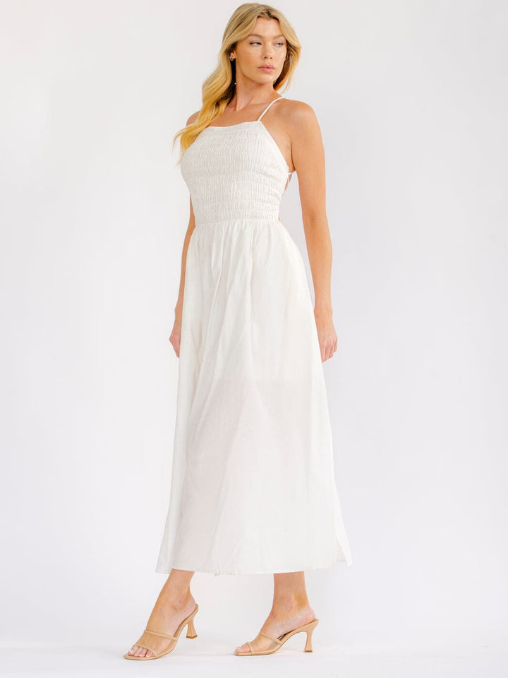 WOMEN'S SLEEVELESS OPEN BACK SMOCK FRONT POCKETS SIDE SLIT MAXI DRESS
