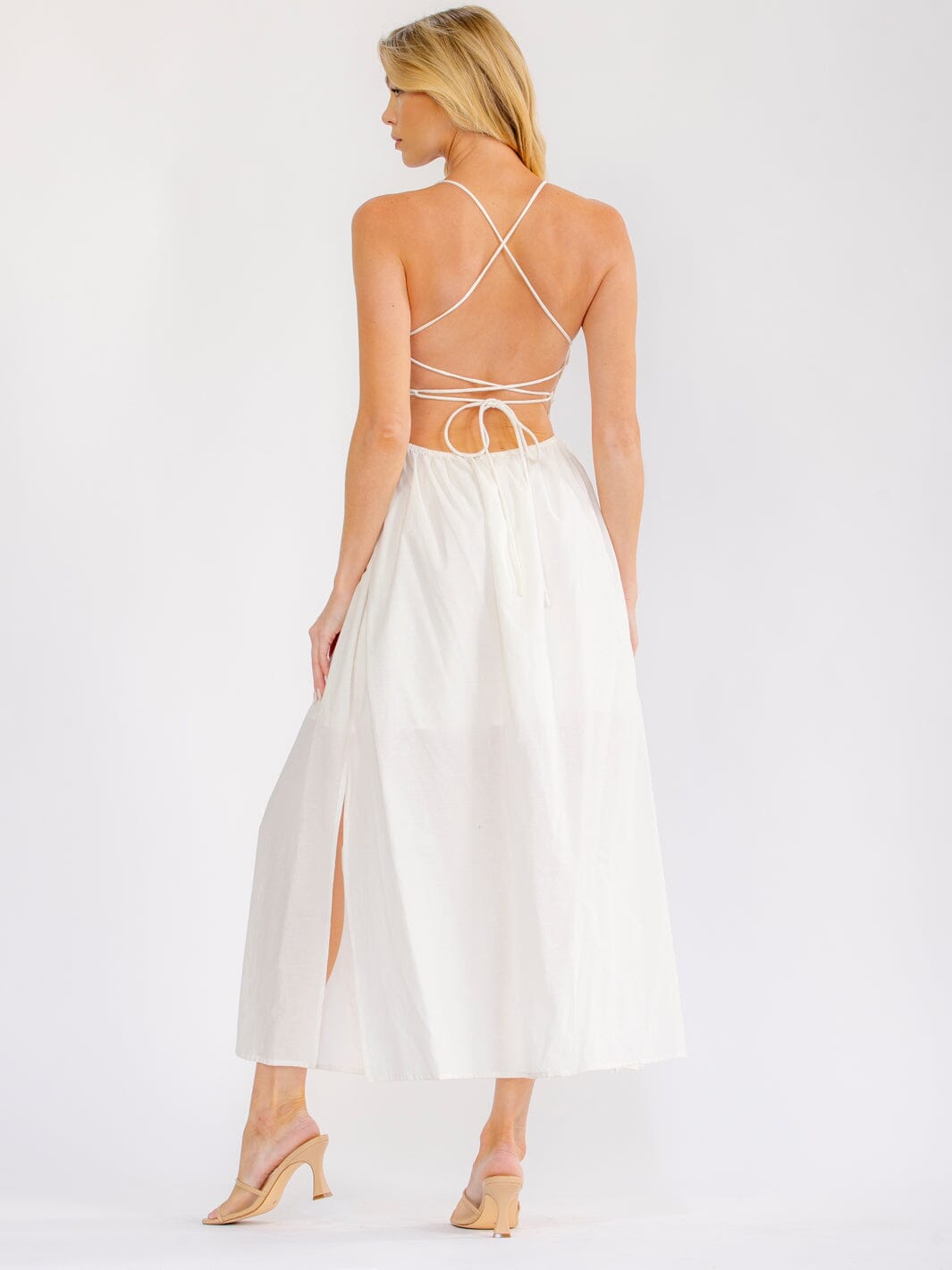 WOMEN'S SLEEVELESS OPEN BACK SMOCK FRONT POCKETS SIDE SLIT MAXI DRESS