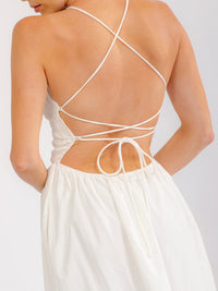 WOMEN'S SLEEVELESS OPEN BACK SMOCK FRONT POCKETS SIDE SLIT MAXI DRESS
