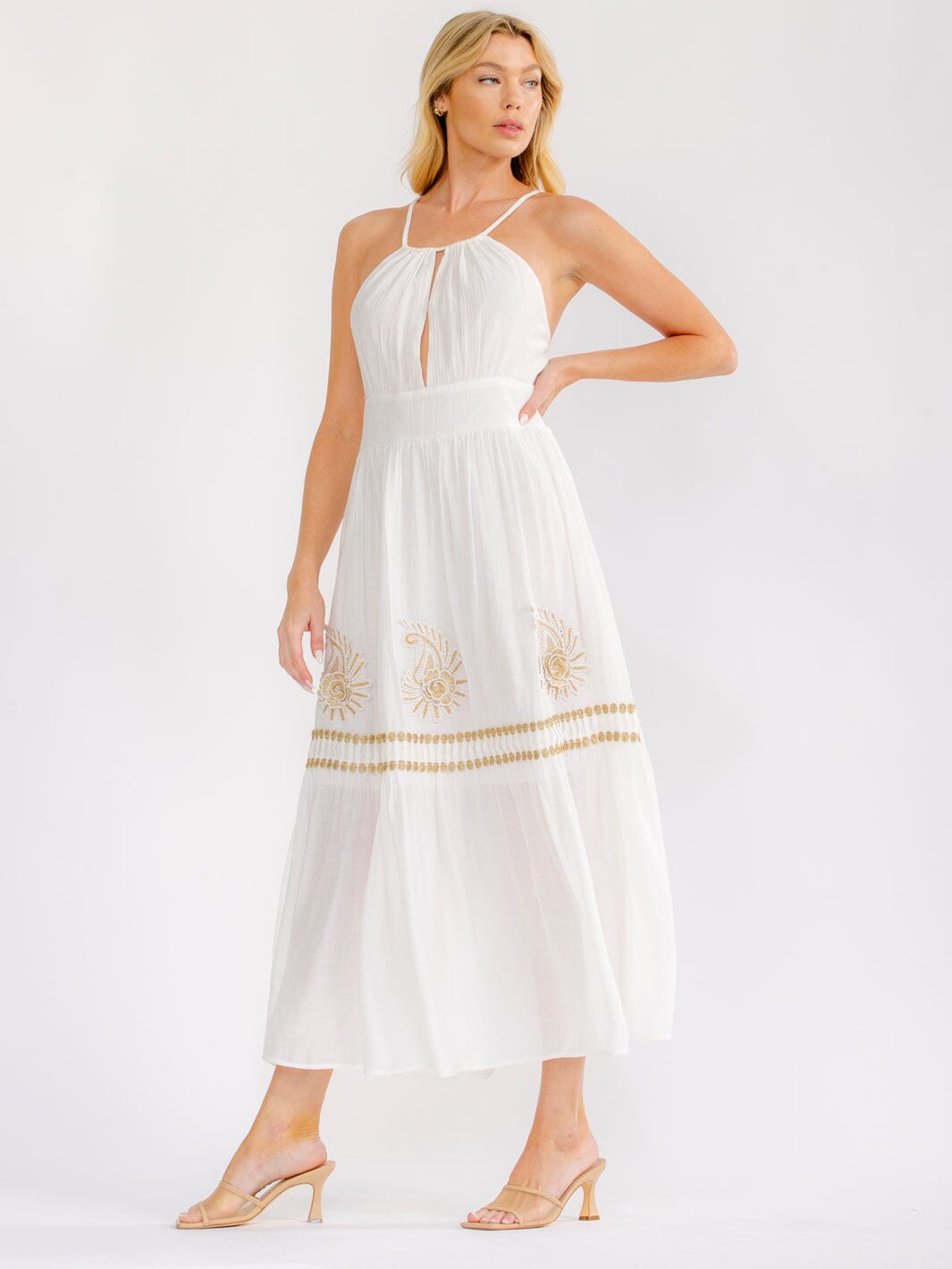 WOMEN'S SLEEVELESS V-NECK OPEN BACK SMOCK SHIMMER STITCHED MAXI DRESS