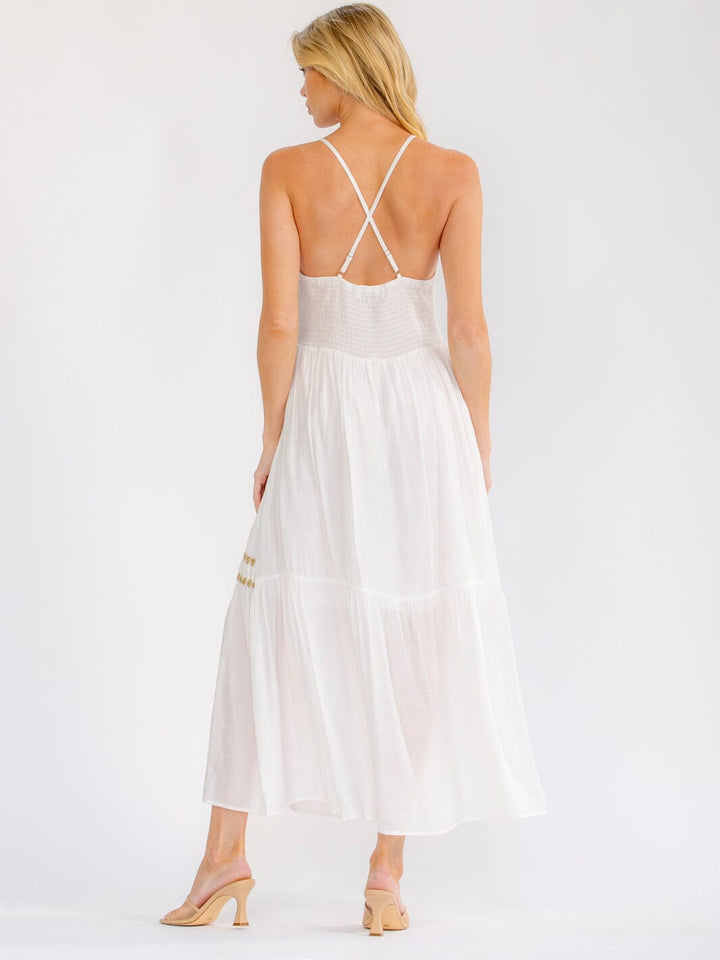 WOMEN'S SLEEVELESS V-NECK OPEN BACK SMOCK SHIMMER STITCHED MAXI DRESS