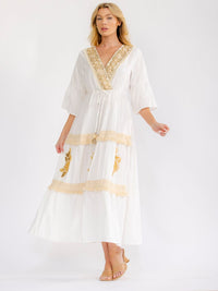 WOMEN'S SHORT SLEEVE SURPLICE ELASTIC WAIST SEQUINS CROCHET MAXI DRESS
