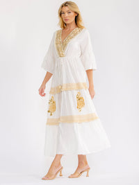 WOMEN'S SHORT SLEEVE SURPLICE ELASTIC WAIST SEQUINS CROCHET MAXI DRESS
