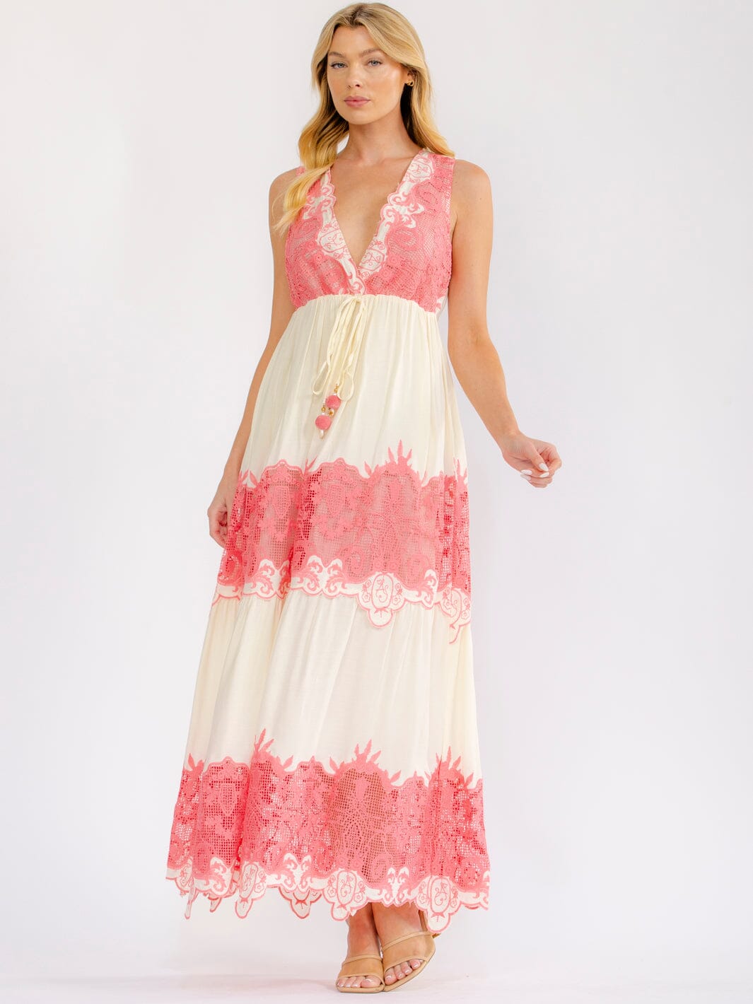 WOMEN'S SLEEVELESS ELASTIC WAIST V-NECK TIERED CROCHET LACE MAXI DRESS