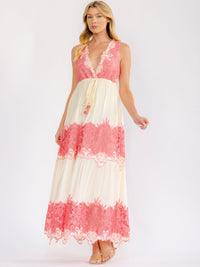 WOMEN'S SLEEVELESS ELASTIC WAIST V-NECK TIERED CROCHET LACE MAXI DRESS
