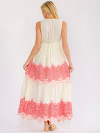 WOMEN'S SLEEVELESS ELASTIC WAIST V-NECK TIERED CROCHET LACE MAXI DRESS