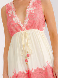 WOMEN'S SLEEVELESS ELASTIC WAIST V-NECK TIERED CROCHET LACE MAXI DRESS