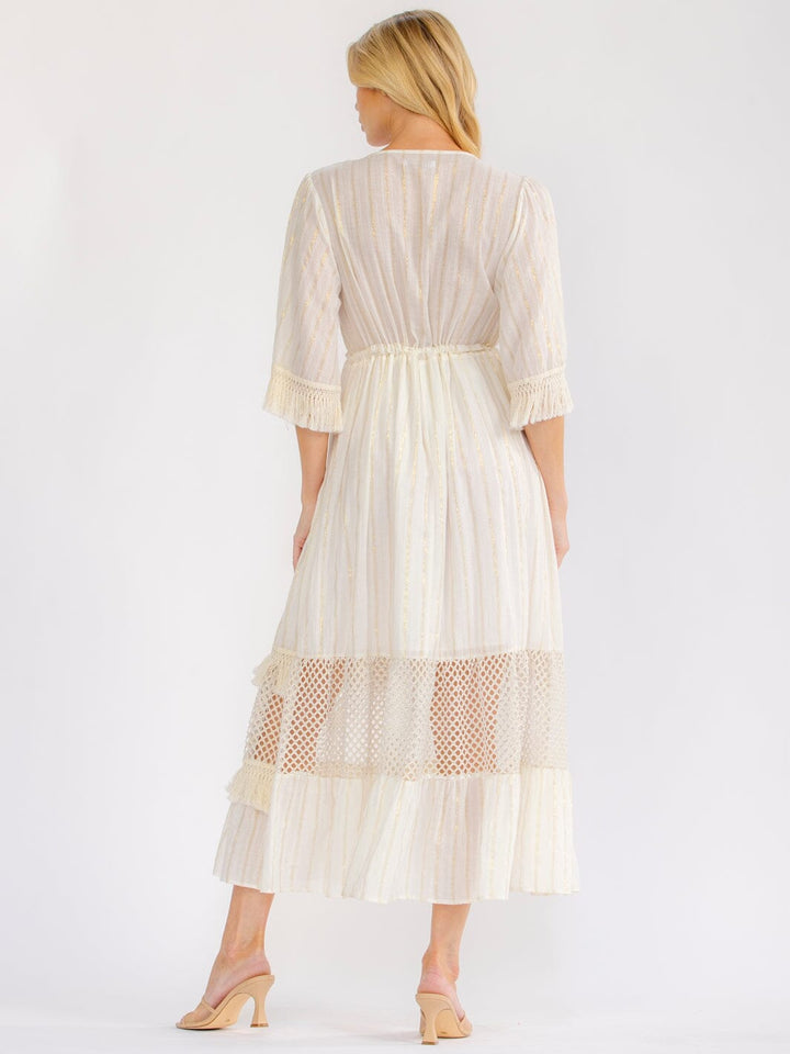 WOMEN'S 3/4 BELL SLEEVE V-NECK TIERED CROCHET LACE MAXI DRESS