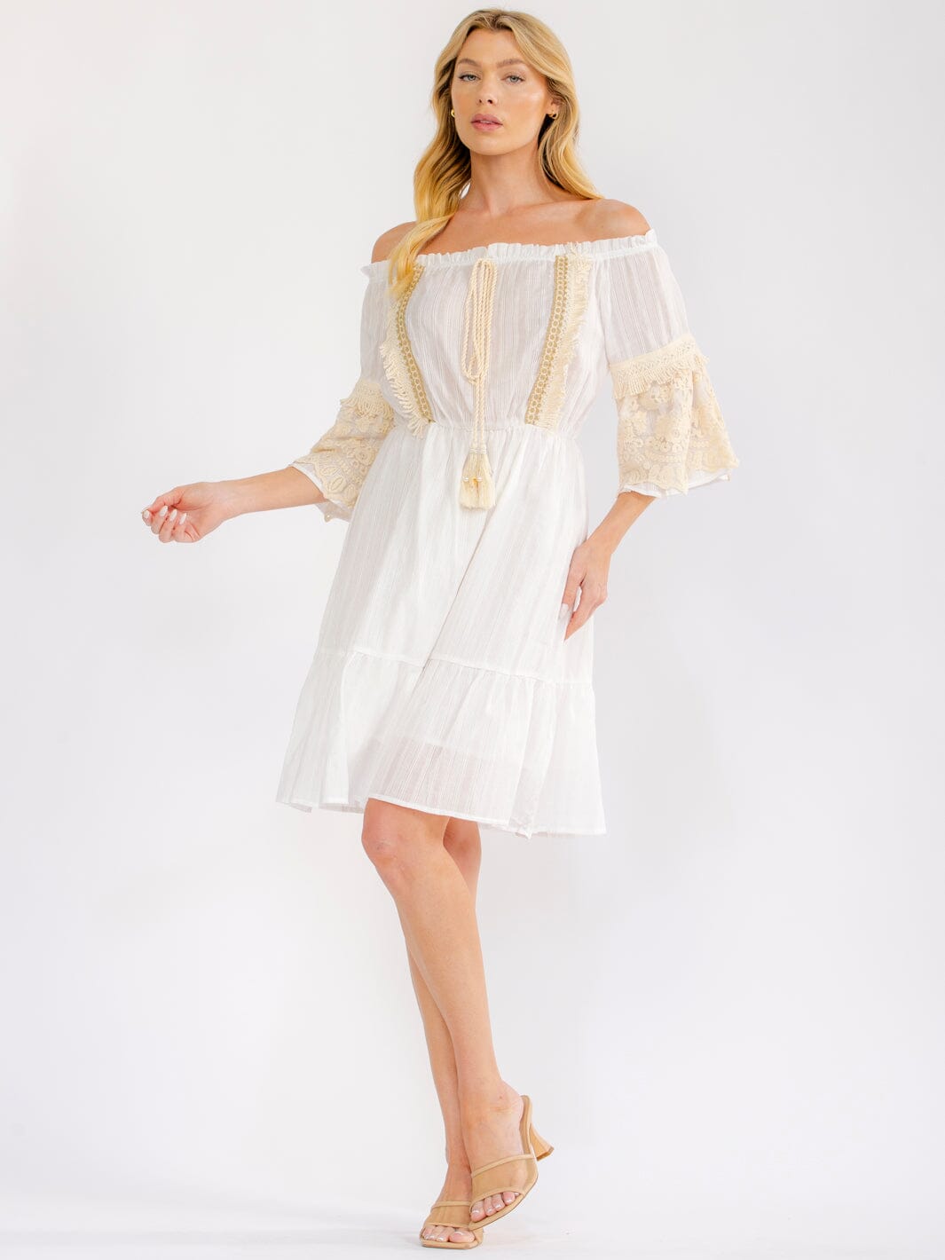 WOMEN'S 3/4 SLEEVE OFF SHOULDER ELASTIC WAIST CROCHET LACE MINI DRESS