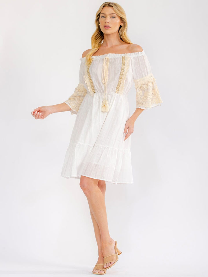 WOMEN'S 3/4 SLEEVE OFF SHOULDER ELASTIC WAIST CROCHET LACE MINI DRESS