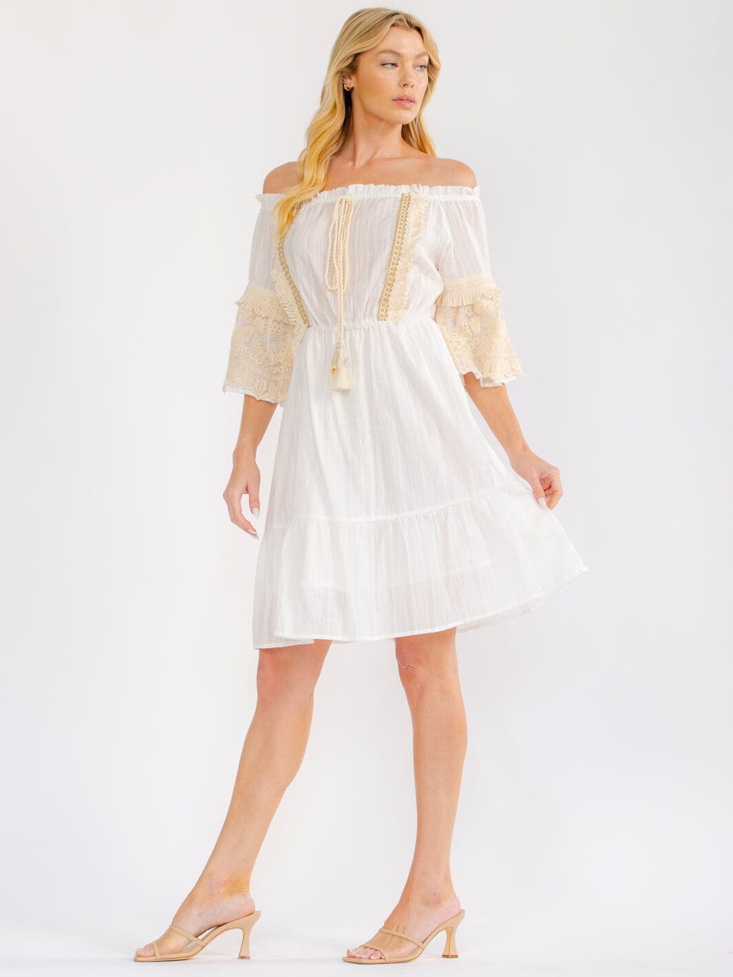 WOMEN'S 3/4 SLEEVE OFF SHOULDER ELASTIC WAIST CROCHET LACE MINI DRESS