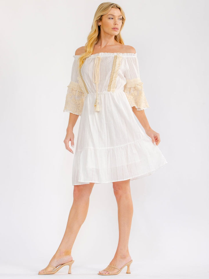 WOMEN'S 3/4 SLEEVE OFF SHOULDER ELASTIC WAIST CROCHET LACE MINI DRESS