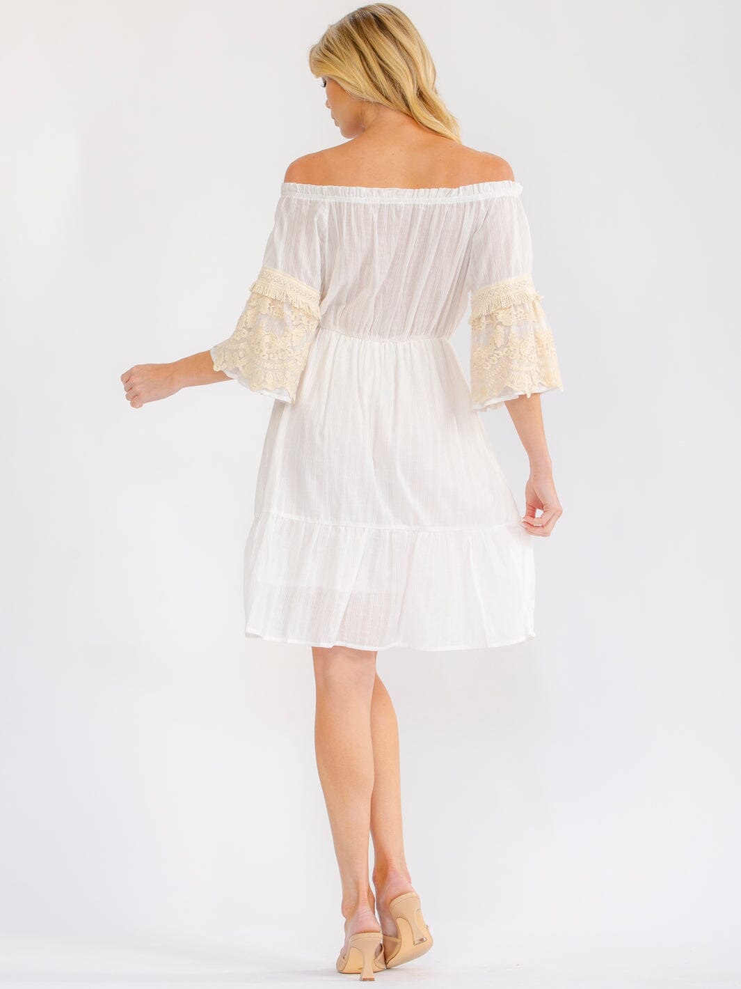 WOMEN'S 3/4 SLEEVE OFF SHOULDER ELASTIC WAIST CROCHET LACE MINI DRESS