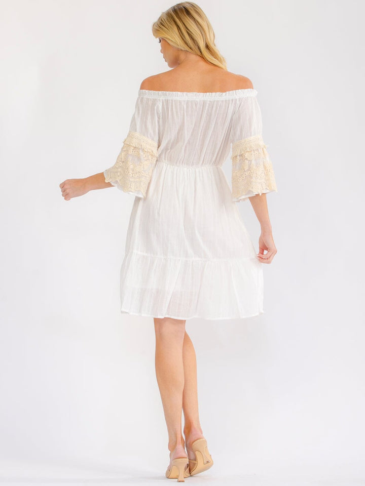 WOMEN'S 3/4 SLEEVE OFF SHOULDER ELASTIC WAIST CROCHET LACE MINI DRESS