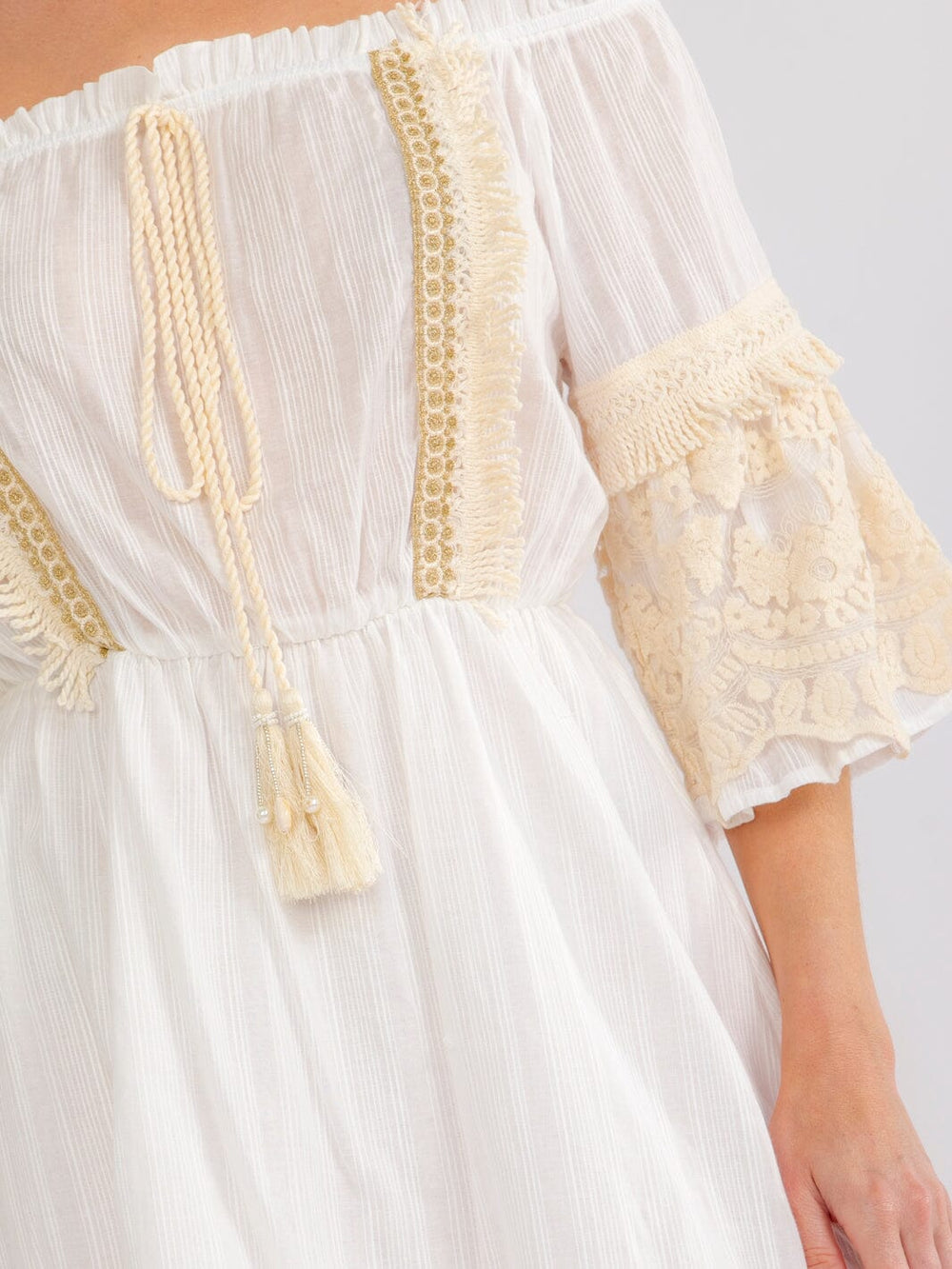 WOMEN'S 3/4 SLEEVE OFF SHOULDER ELASTIC WAIST CROCHET LACE MINI DRESS