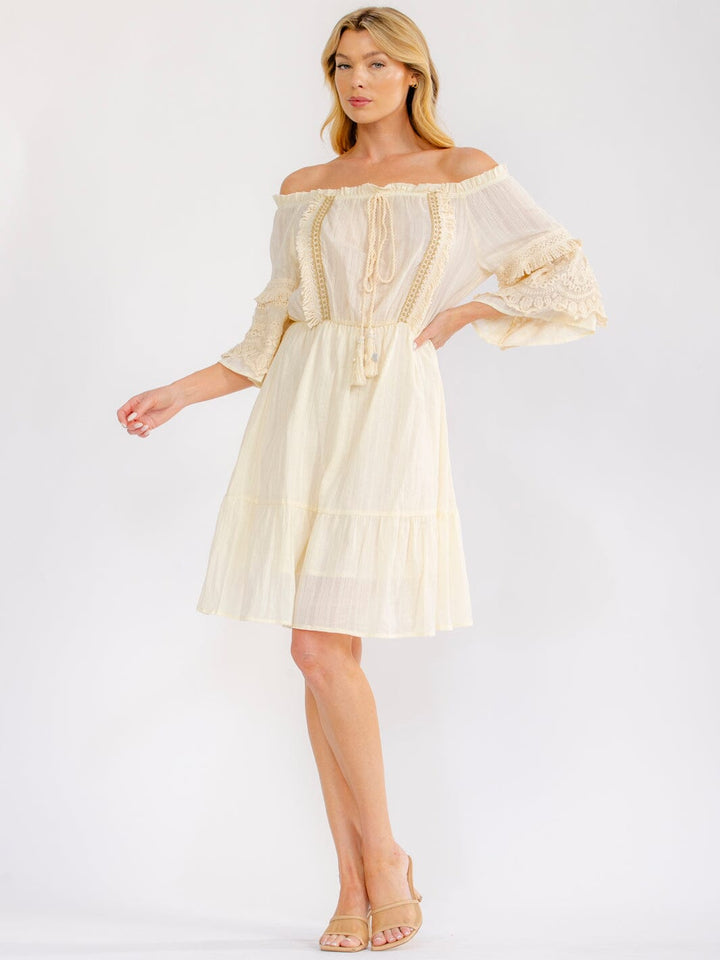 WOMEN'S 3/4 SLEEVE OFF SHOULDER ELASTIC WAIST CROCHET LACE MINI DRESS