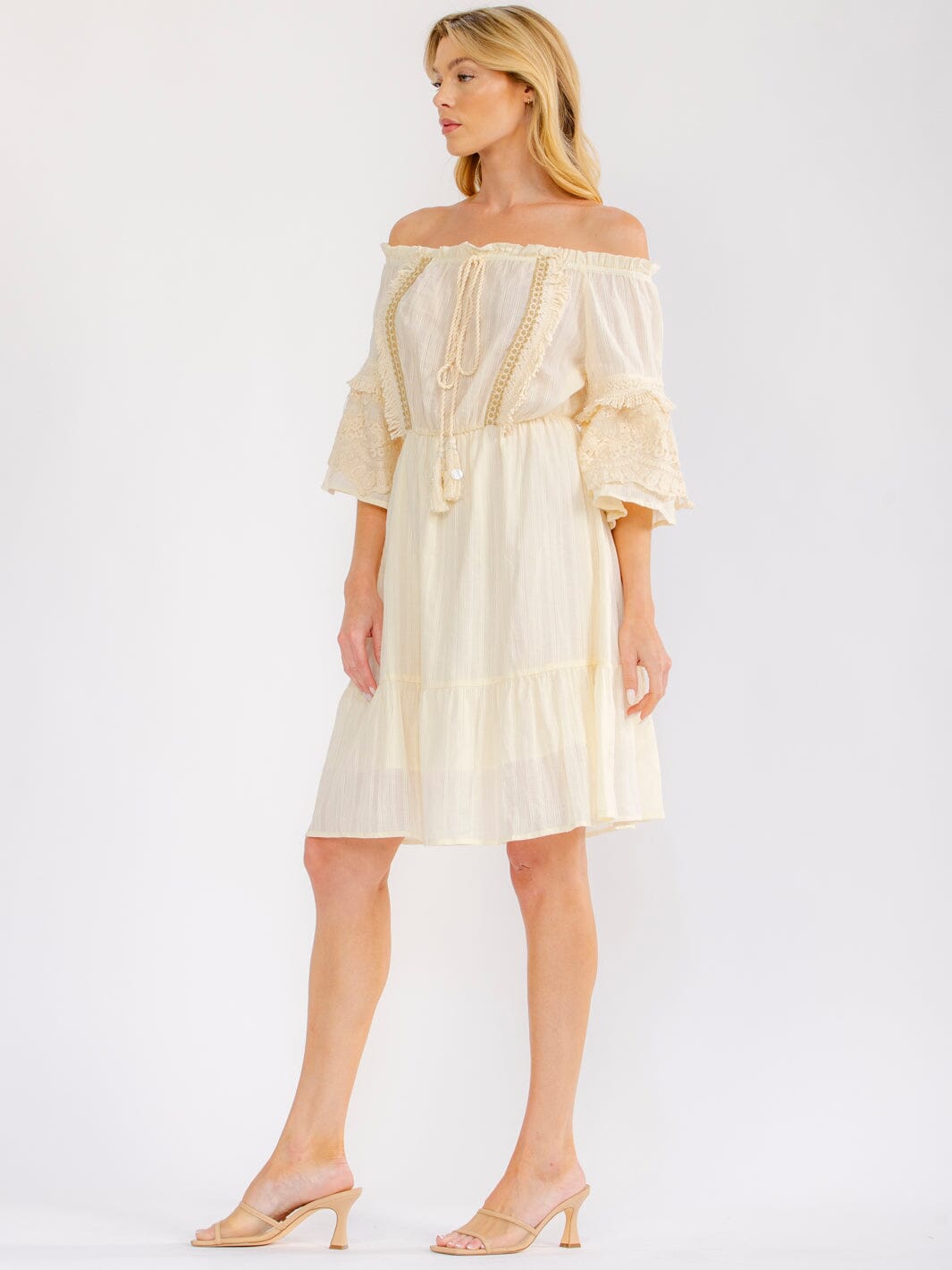 WOMEN'S 3/4 SLEEVE OFF SHOULDER ELASTIC WAIST CROCHET LACE MINI DRESS