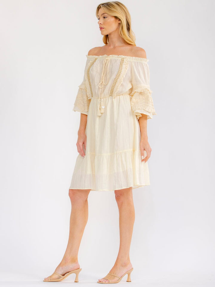 WOMEN'S 3/4 SLEEVE OFF SHOULDER ELASTIC WAIST CROCHET LACE MINI DRESS