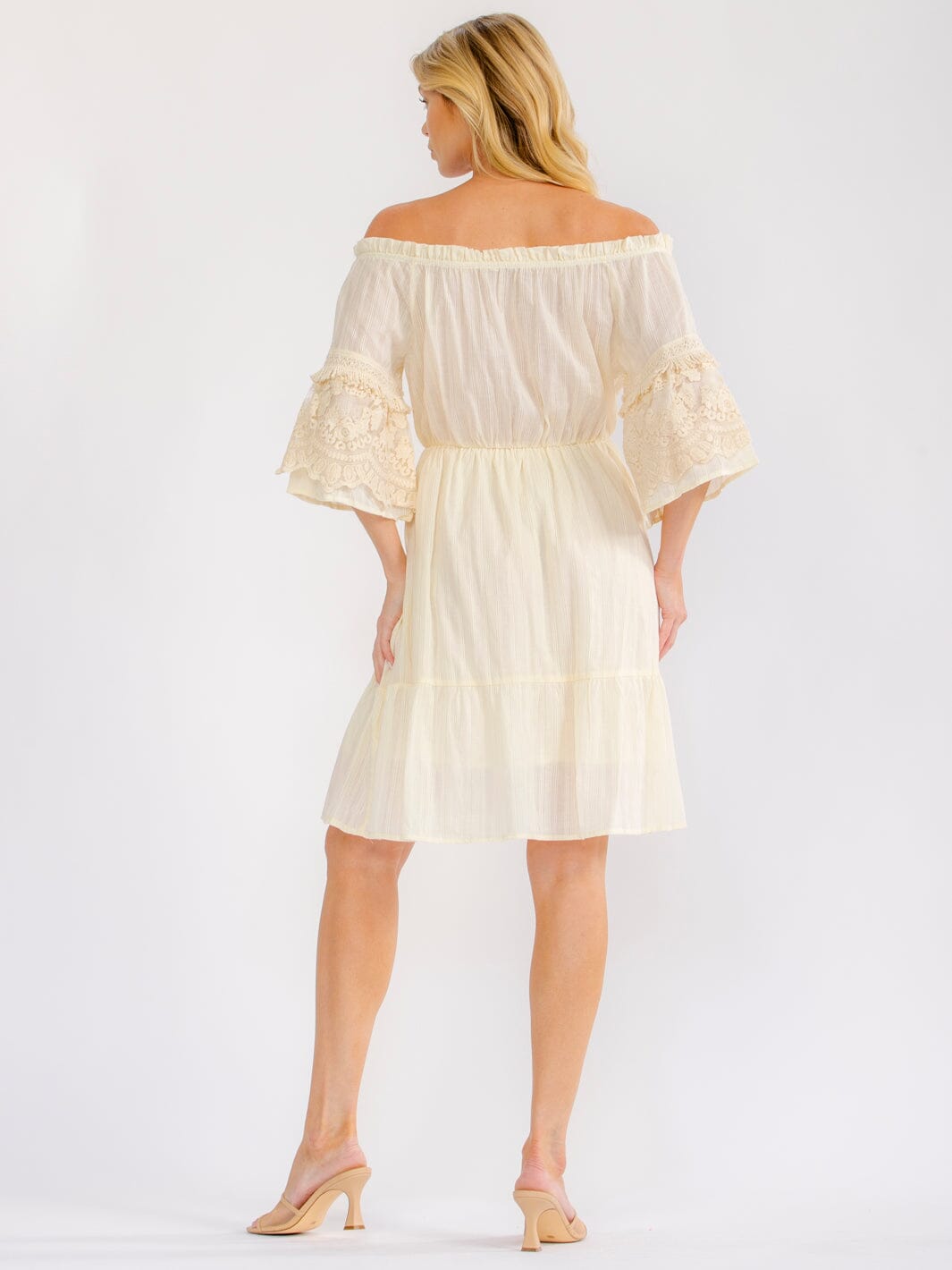 WOMEN'S 3/4 SLEEVE OFF SHOULDER ELASTIC WAIST CROCHET LACE MINI DRESS